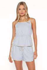 Bettie Contrast Trim Shorts - Light Blue Linen