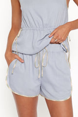 Bettie Contrast Trim Shorts - Light Blue Linen