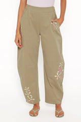 Telena Barrel Leg Pants - Olive Green Patchwork
