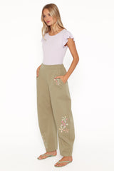Telena Barrel Leg Pants - Olive Green Patchwork