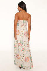 Lindon Strapless Maxi Dress - Cream Palm Print