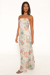Lindon Strapless Maxi Dress - Cream Palm Print