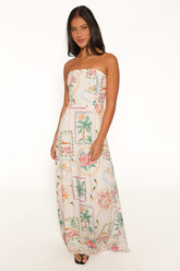 Lindon Strapless Maxi Dress - Cream Palm Print