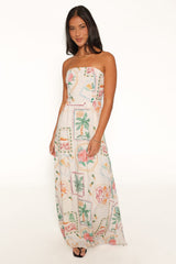 Lindon Strapless Maxi Dress - Cream Palm Print