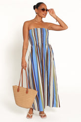 Nella Strapless Maxi Dress - Blue/Khaki Stripe