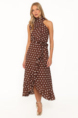 Olana Midi Dress - Brown Polka Dot