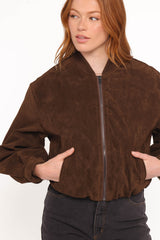 Goldie Faux Suede Bomber Jacket - Brown