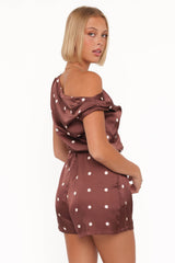 Cassidy One Shoulder Romper - Brown Polka Dot