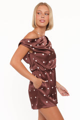 Cassidy One Shoulder Romper - Brown Polka Dot
