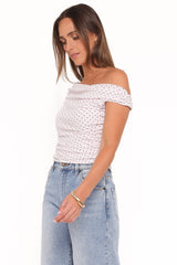 Aaron Off Shoulder Top - Pale Pink Dot