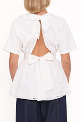 Carmel Tie Back Tunic Top - White Embroidery