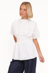 Carmel Tie Back Tunic Top - White Embroidery