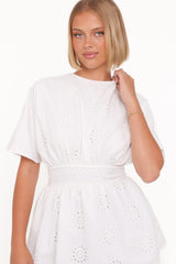Carmel Tie Back Tunic Top - White Embroidery