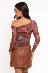 Elfrida Off Shoulder Mesh Top - Brown Floral