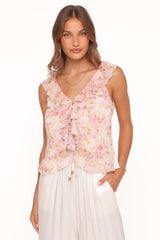 Ismena Tie Front Top - Blurred Pink Floral