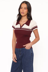 Maris Knit Polo Top - Burgundy/Cream Stripe