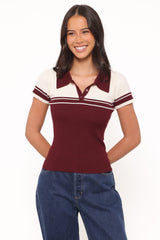 Maris Knit Polo Top - Burgundy/Cream Stripe