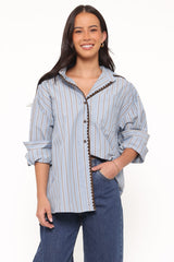 Mila Button Up Shirt - Blue/Brown Stripe