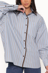 Mila Button Up Shirt - Blue/Brown Stripe