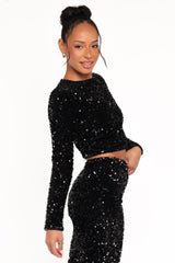 Quinne Cropped Sequin Top - Black