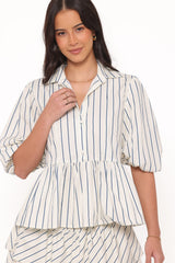 Thomas Short Sleeve Peplum Top - Yellow/Blue Stripe