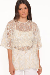 Yonder Sheer Lace Tee Top - Pale Yellow