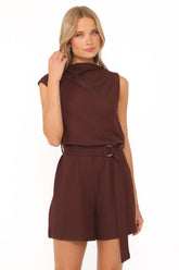 Zaia Belted Knit Romper - Chocolate Brown