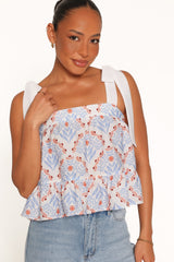 Aver Flounce Top - White Blue