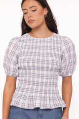 Callista Shirred Waist Top - Light Blue Plaid
