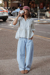 Thomas Short Sleeve Peplum Top - Yellow/Blue Stripe