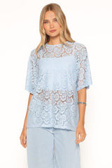 Tia Sheer Lace Tee Top - Light Blue