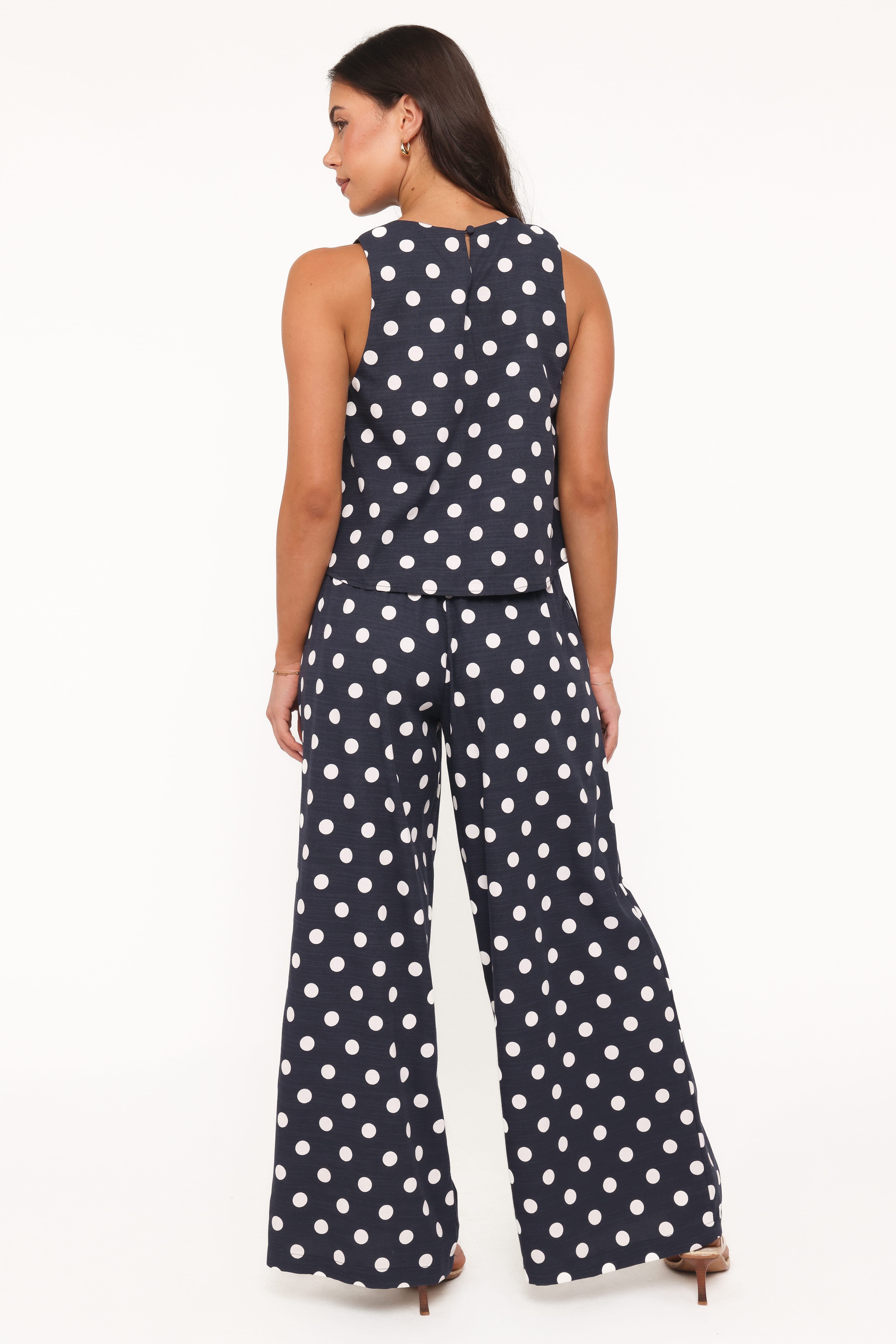 Jillian Smocked Pant Set - Navy Polka Dot