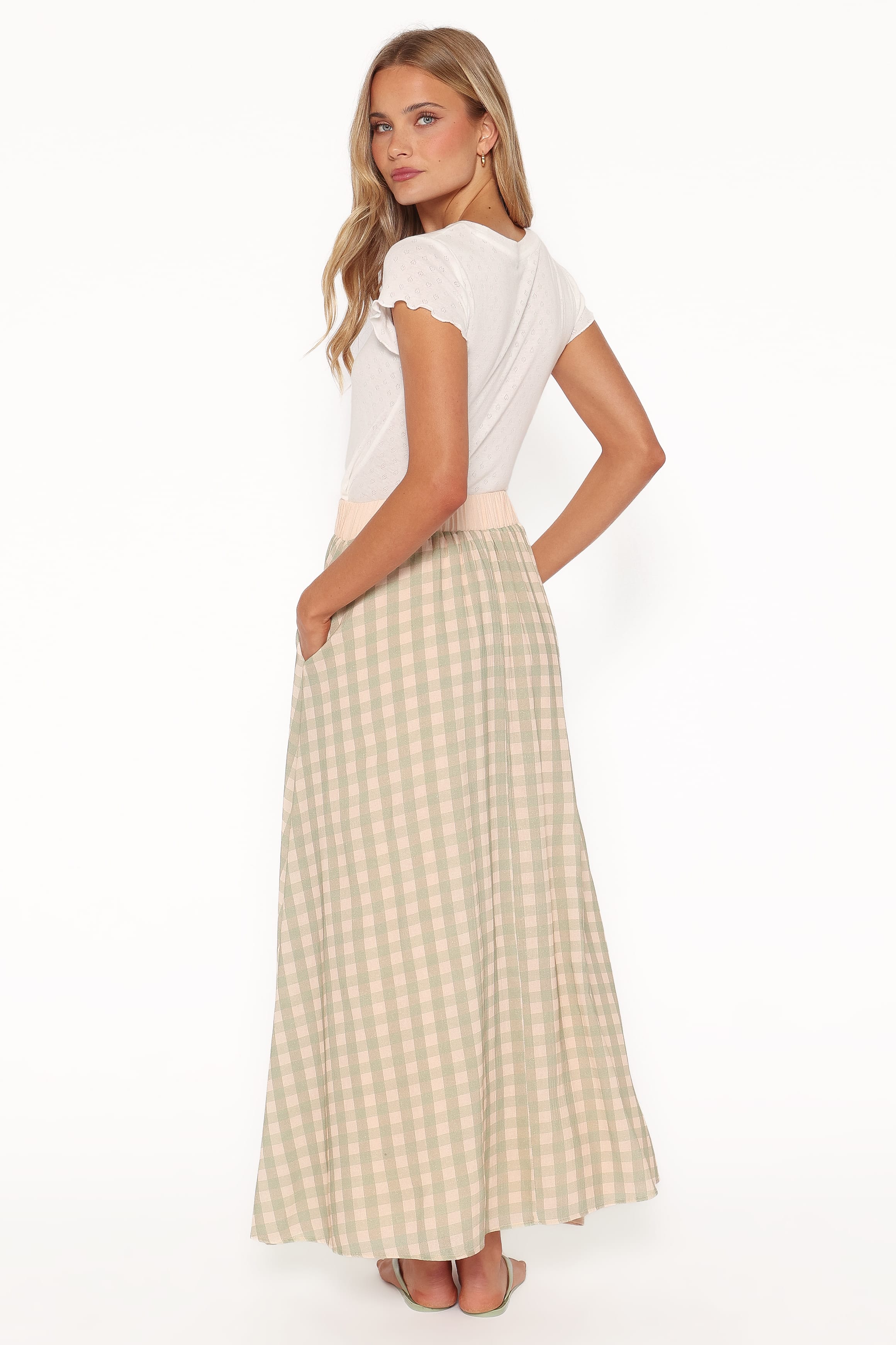 Daroda Midi Circle Skirt - Green/Pink Gingham