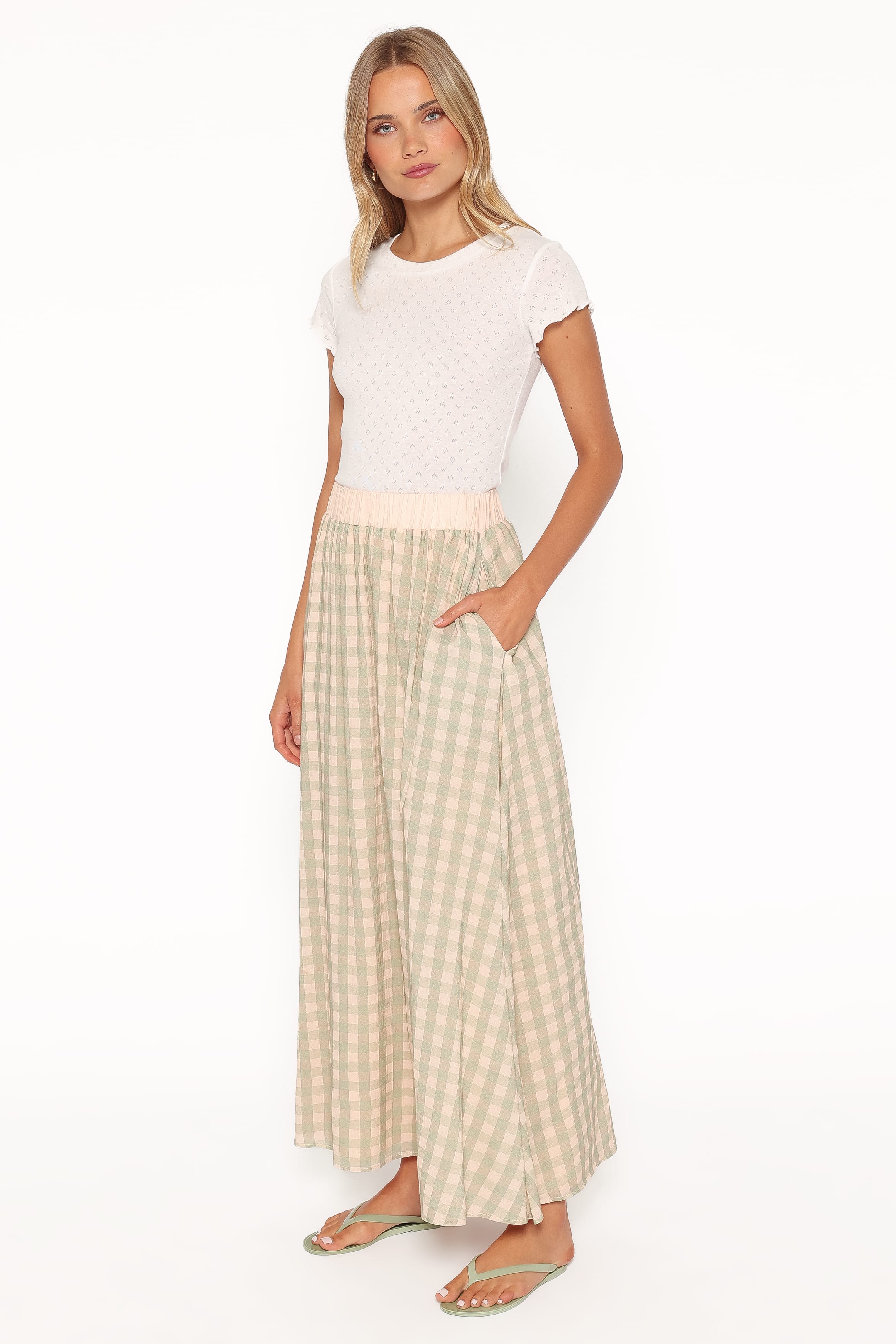 Daroda Midi Circle Skirt - Green/Pink Gingham