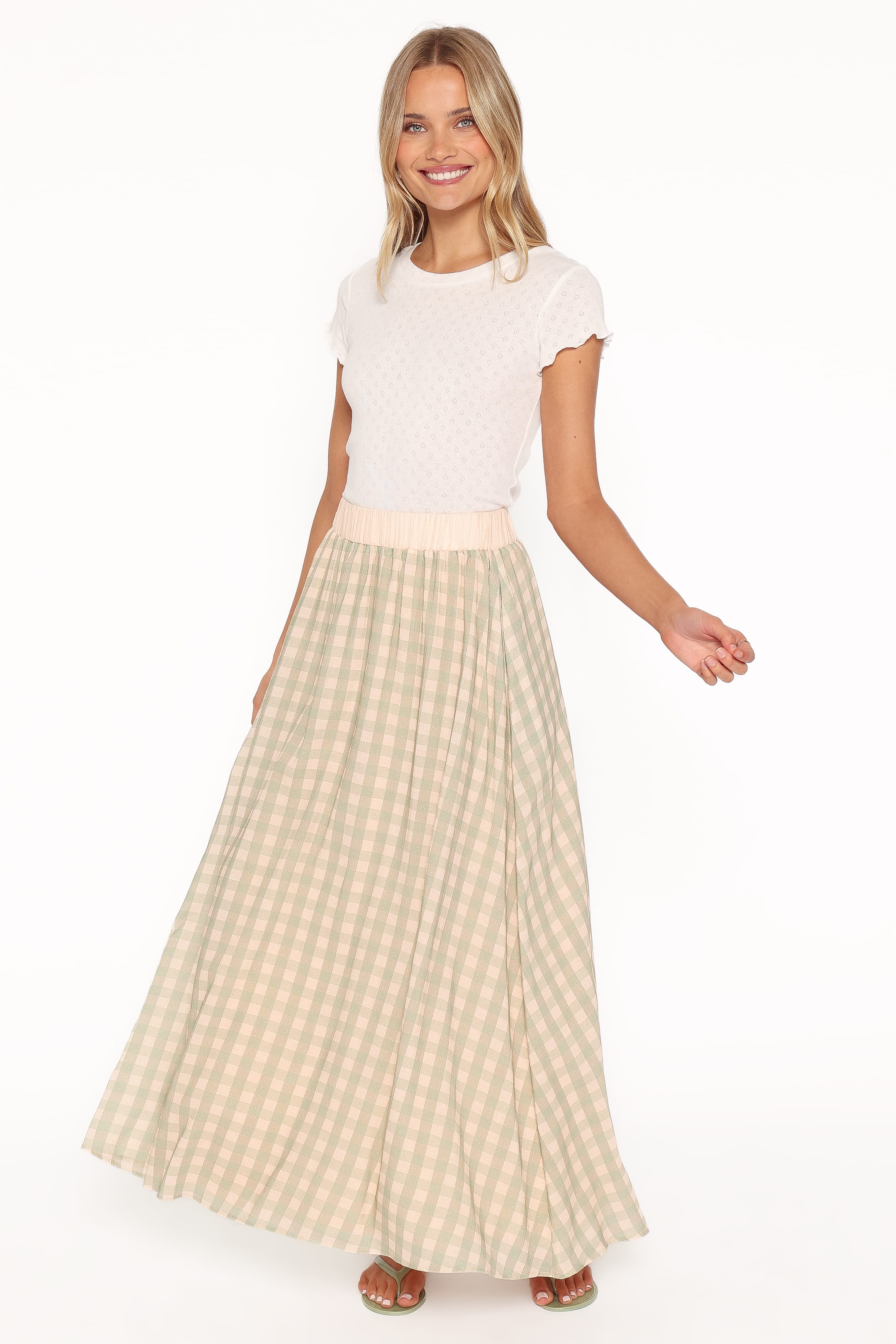 Daroda Midi Circle Skirt - Green/Pink Gingham
