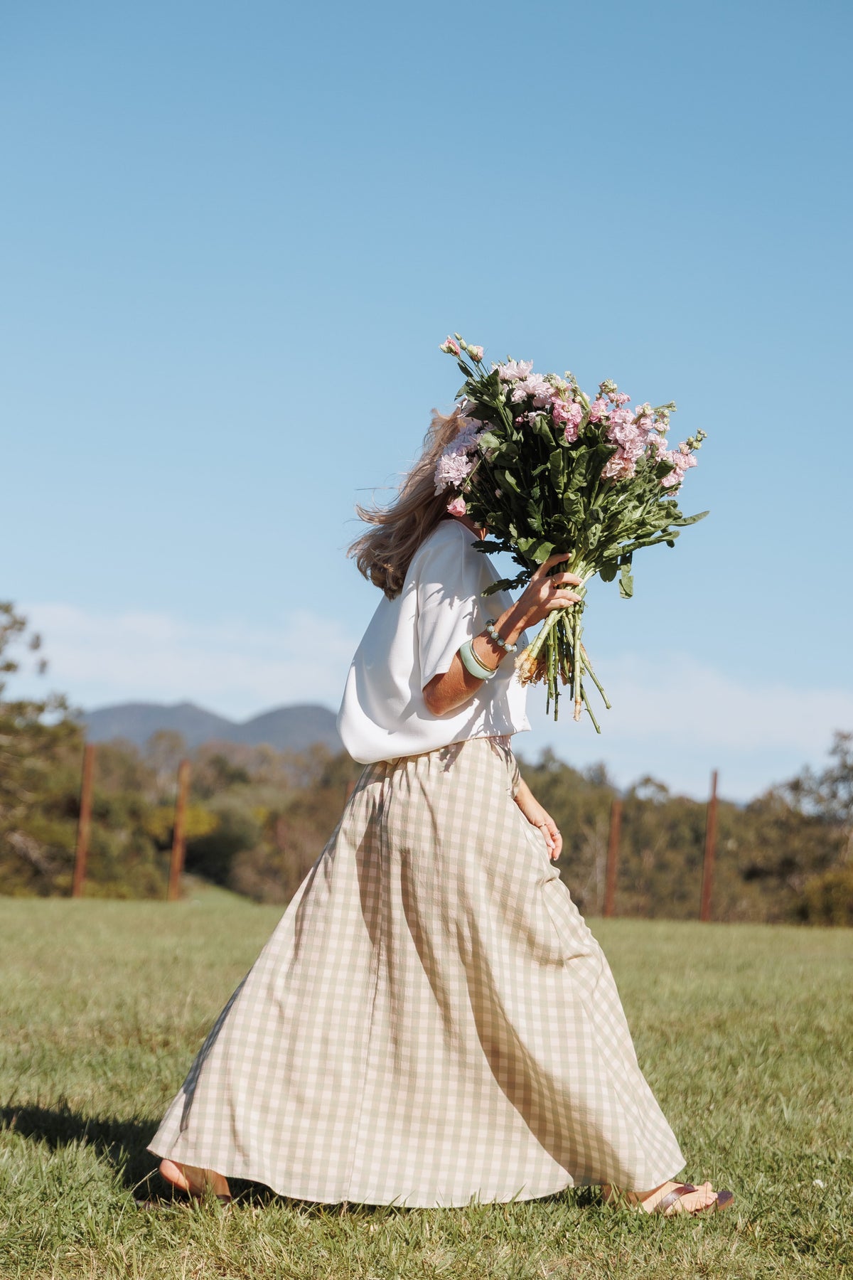 Daroda Midi Circle Skirt - Green/Pink Gingham