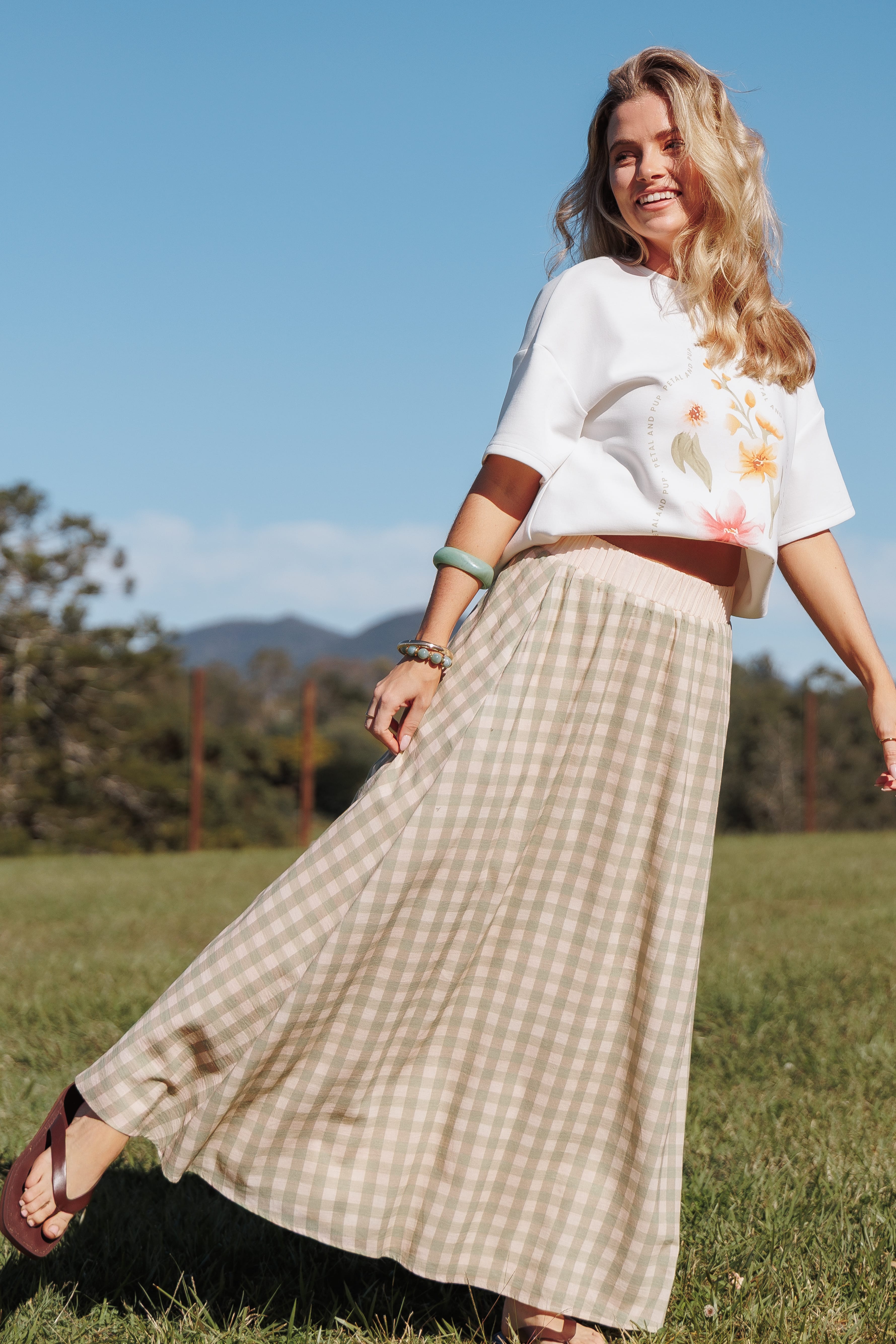 Daroda Midi Circle Skirt - Green/Pink Gingham