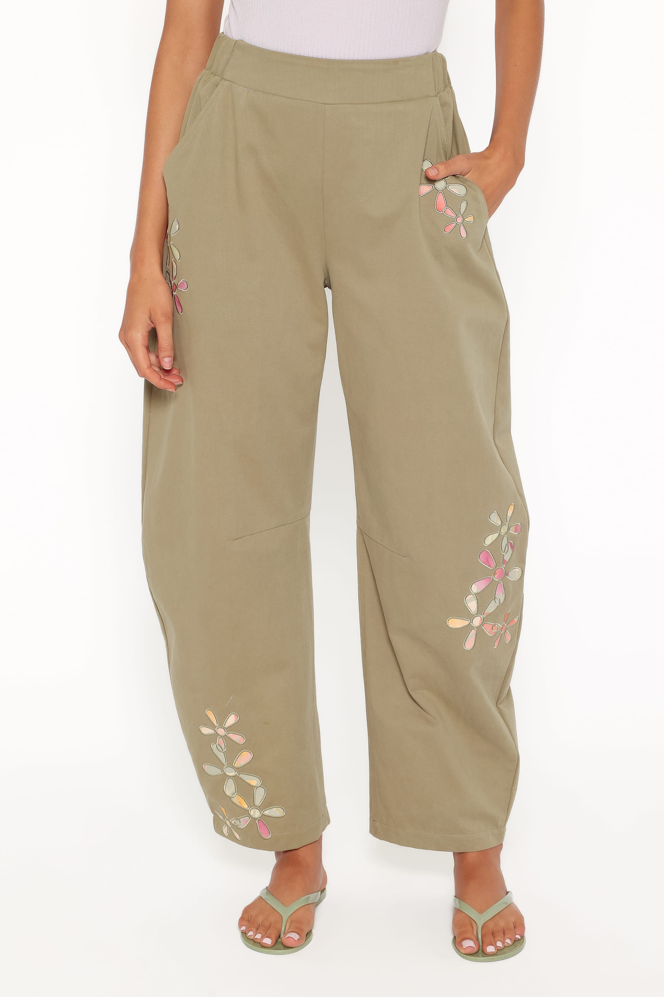 Telena Barrel Leg Pants - Olive Green Patchwork