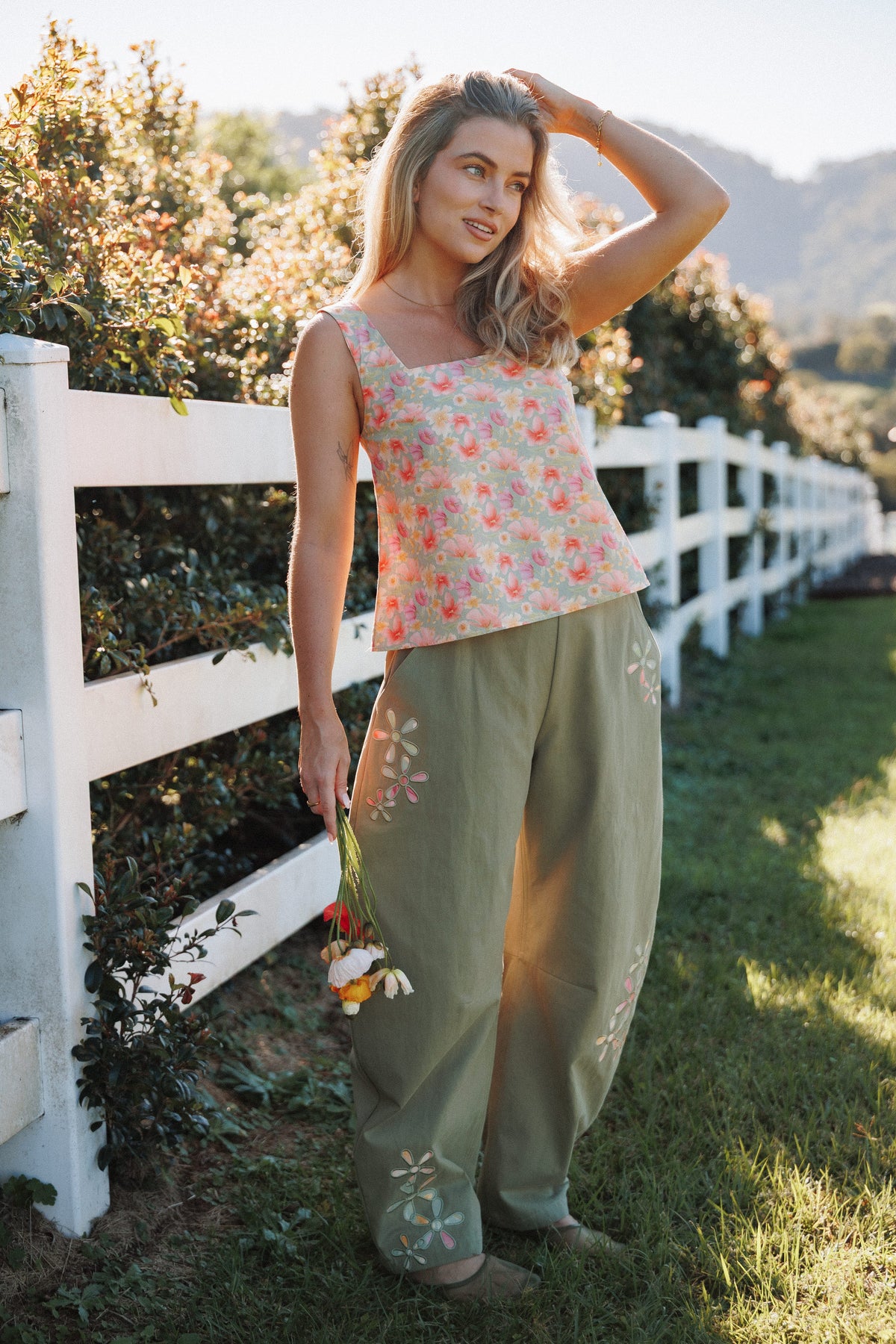 Telena Barrel Leg Pants - Olive Green Patchwork