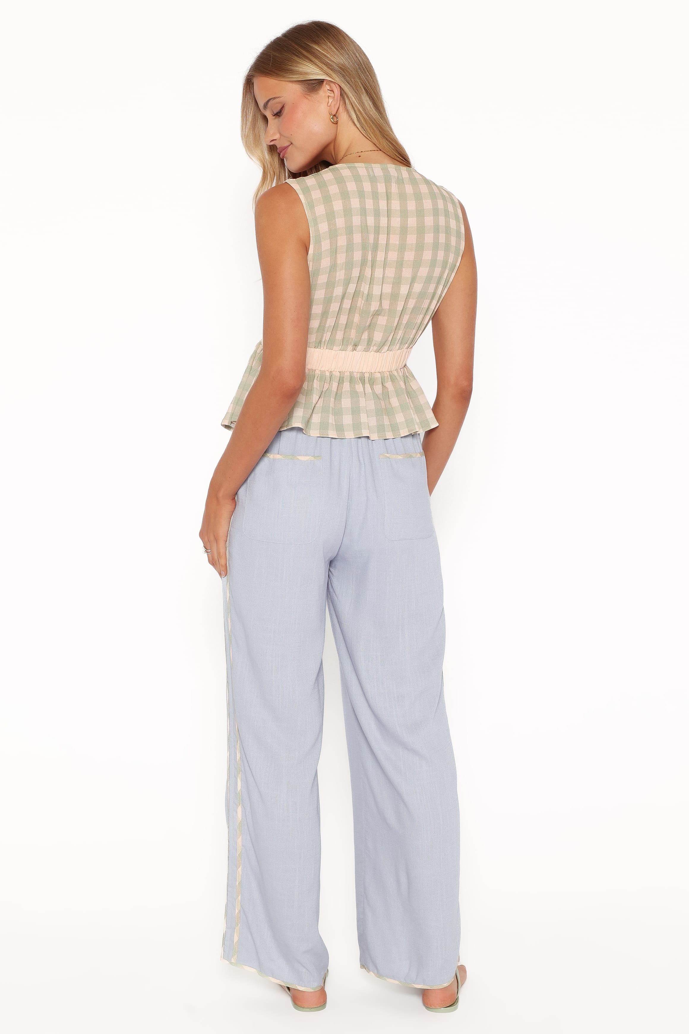 Venda Contrast Trim Pants - Light Blue Linen