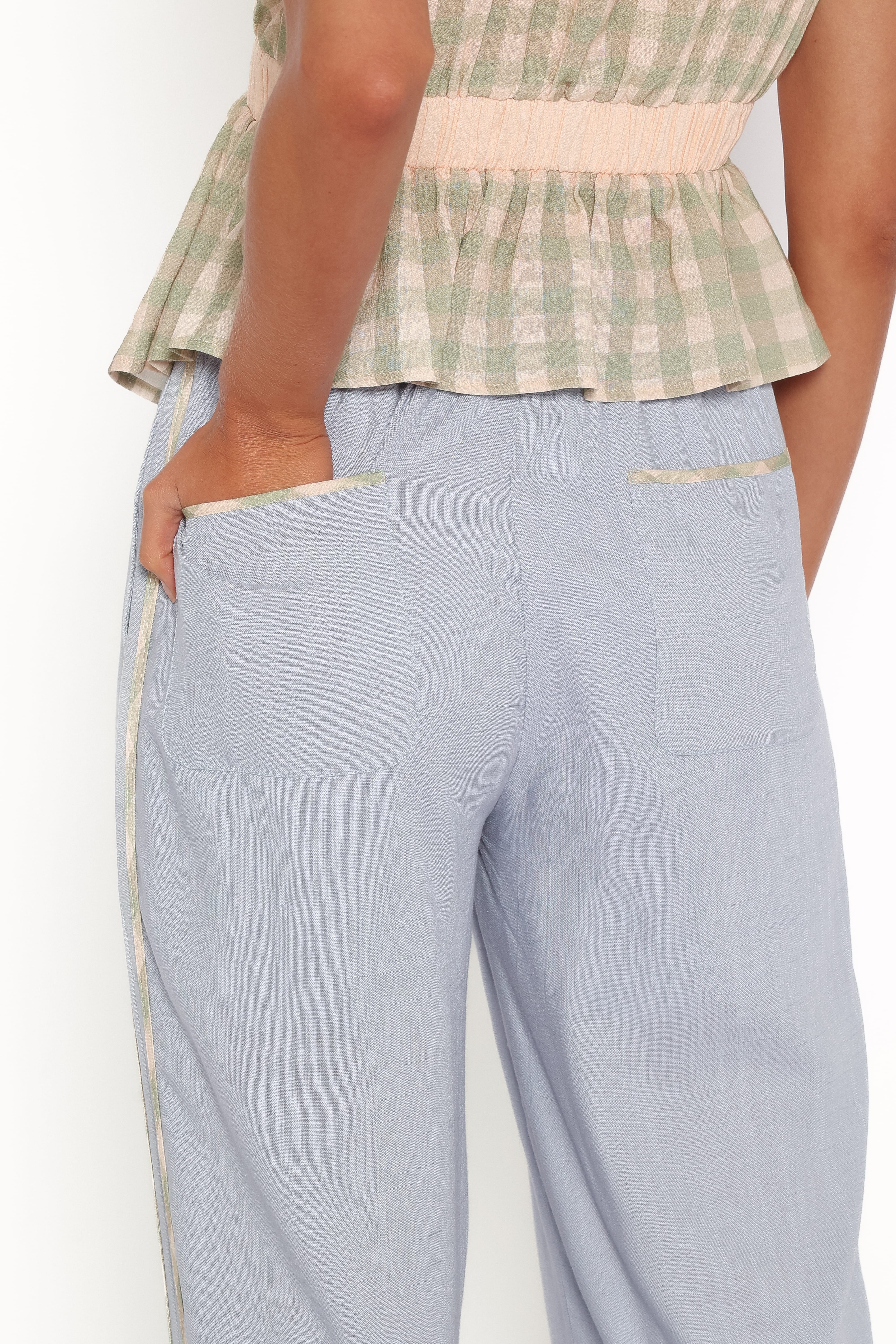 Venda Contrast Trim Pants - Light Blue Linen