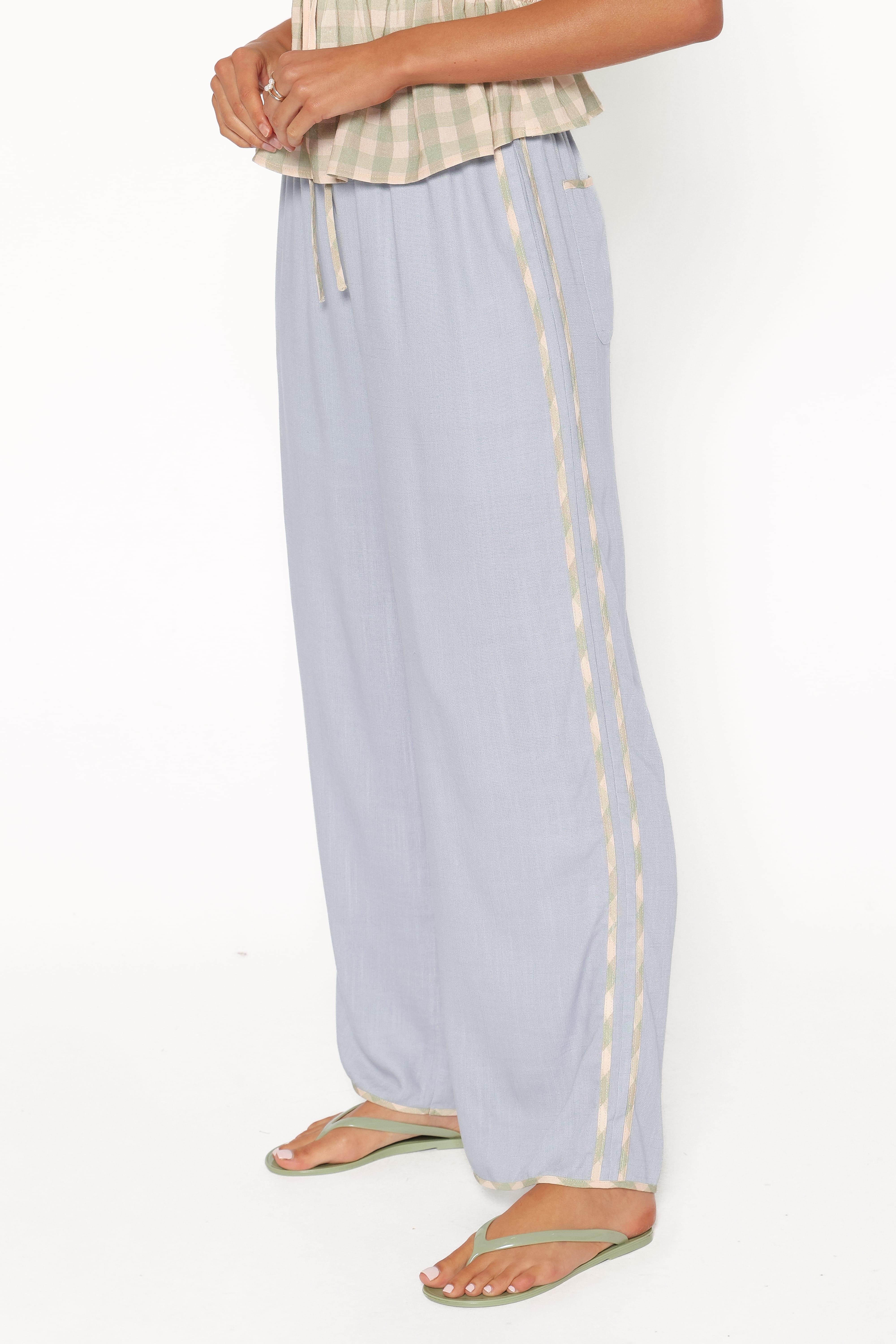 Venda Contrast Trim Pants - Light Blue Linen