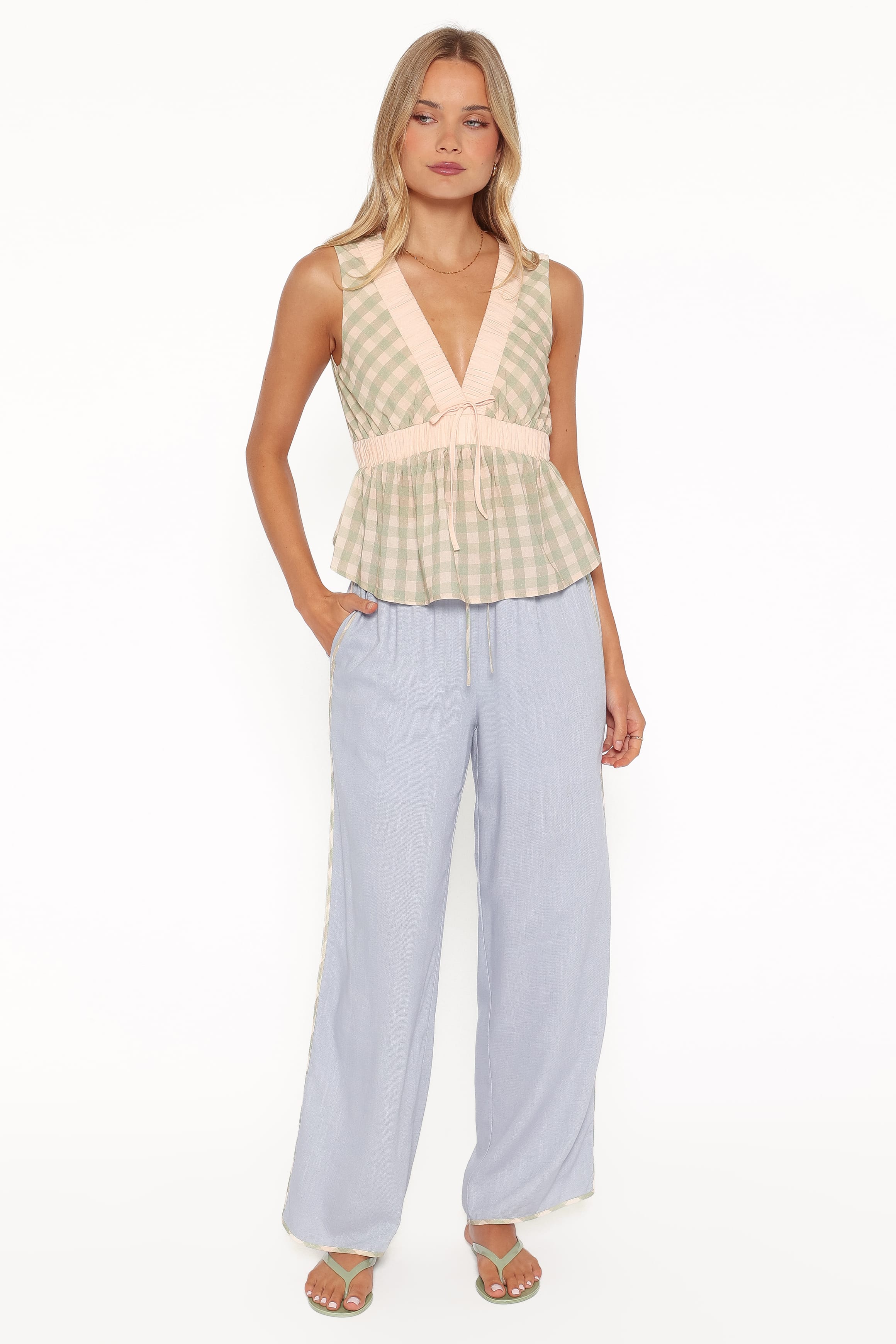Venda Contrast Trim Pants - Light Blue Linen