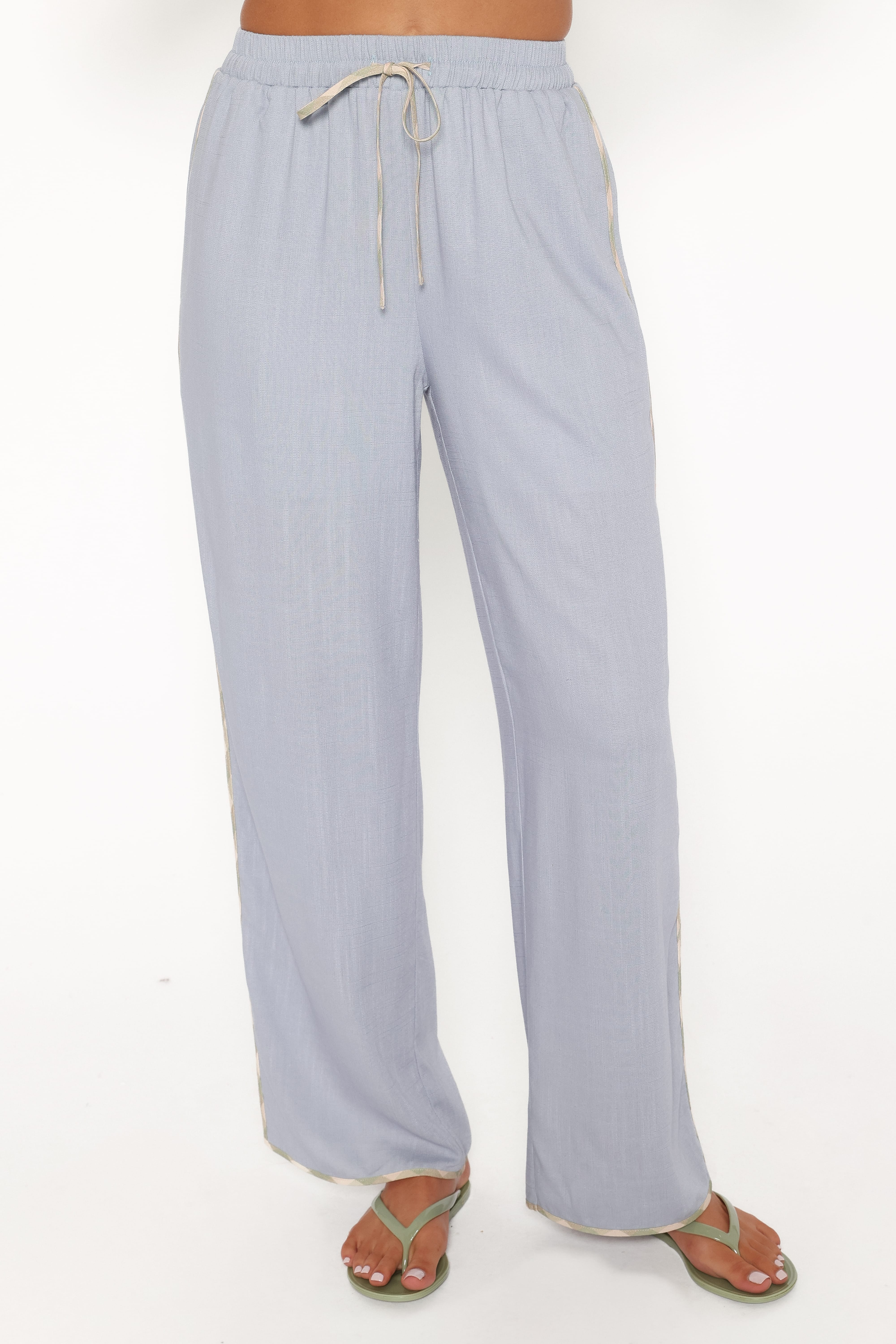 Venda Contrast Trim Pants - Light Blue Linen