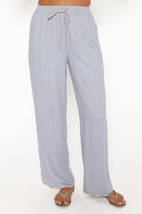 Venda Contrast Trim Pants - Light Blue Linen