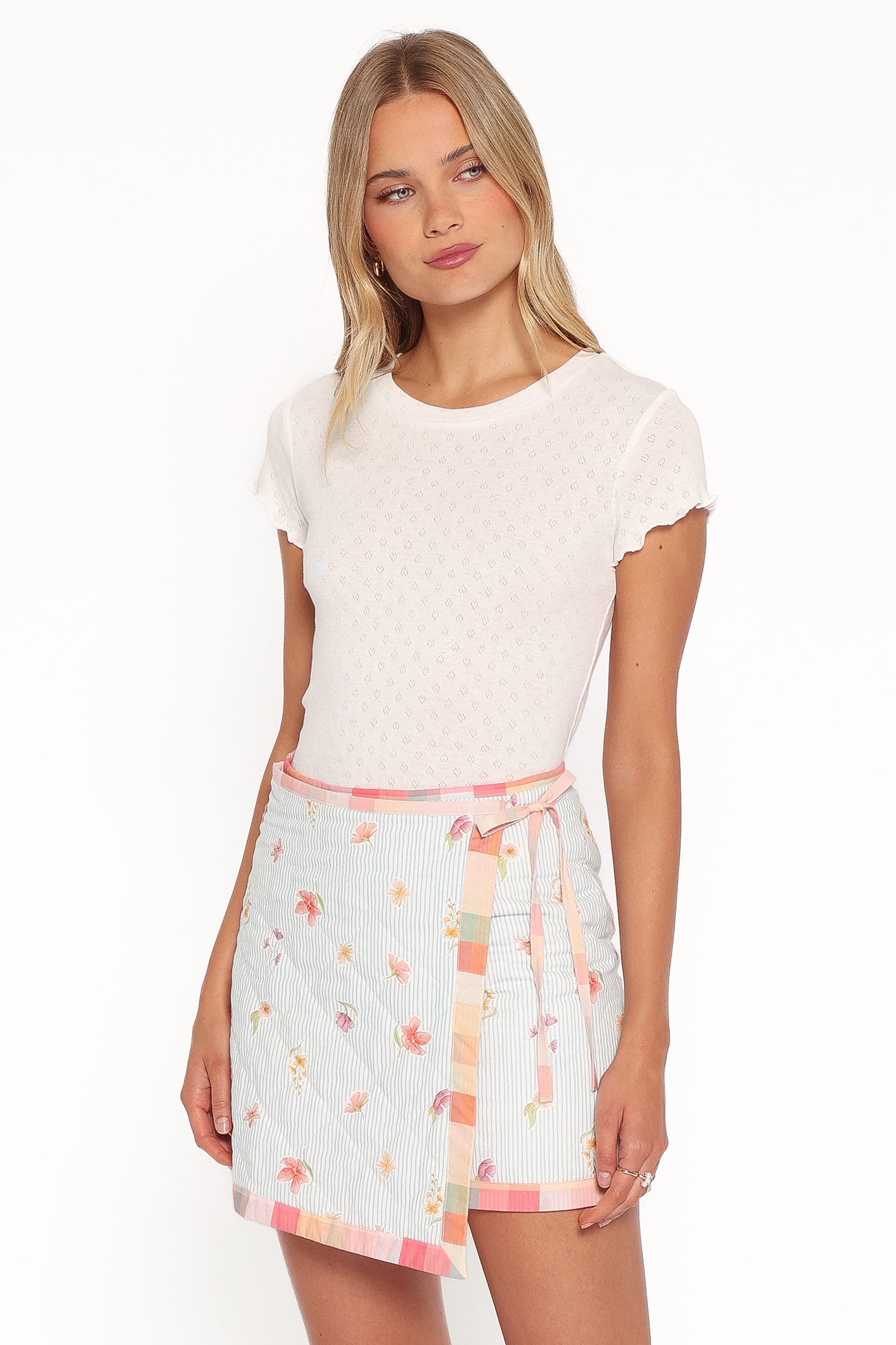 Yana Faux Wrap Quilted Mini Skirt - Blue Garden Stripe