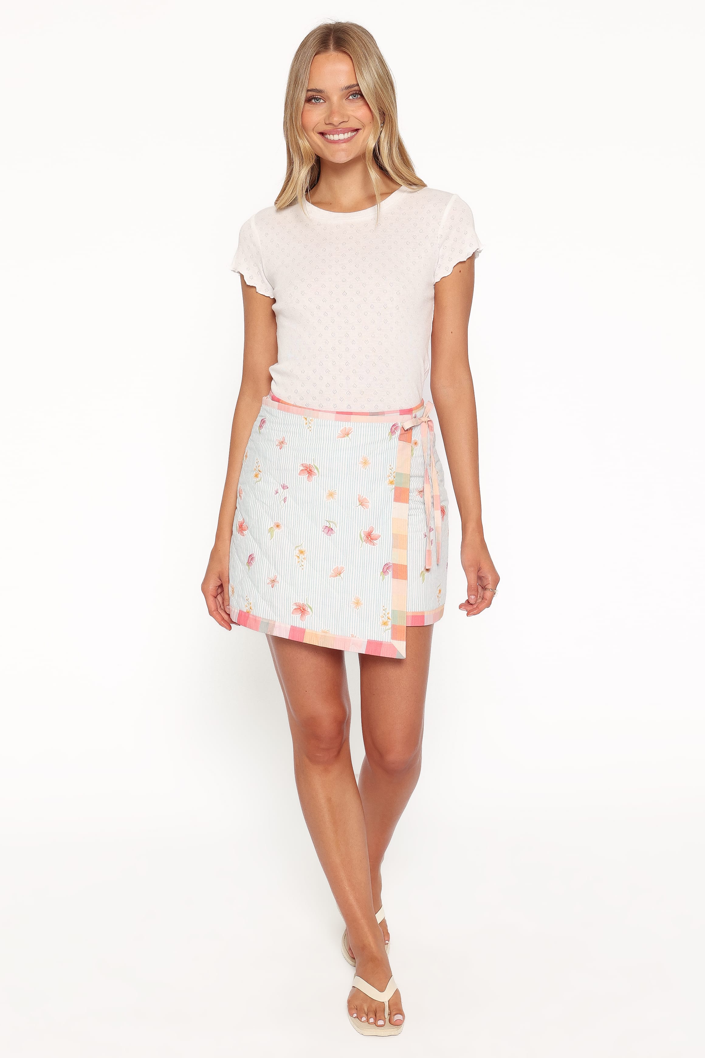 Yana Faux Wrap Quilted Mini Skirt - Blue Garden Stripe