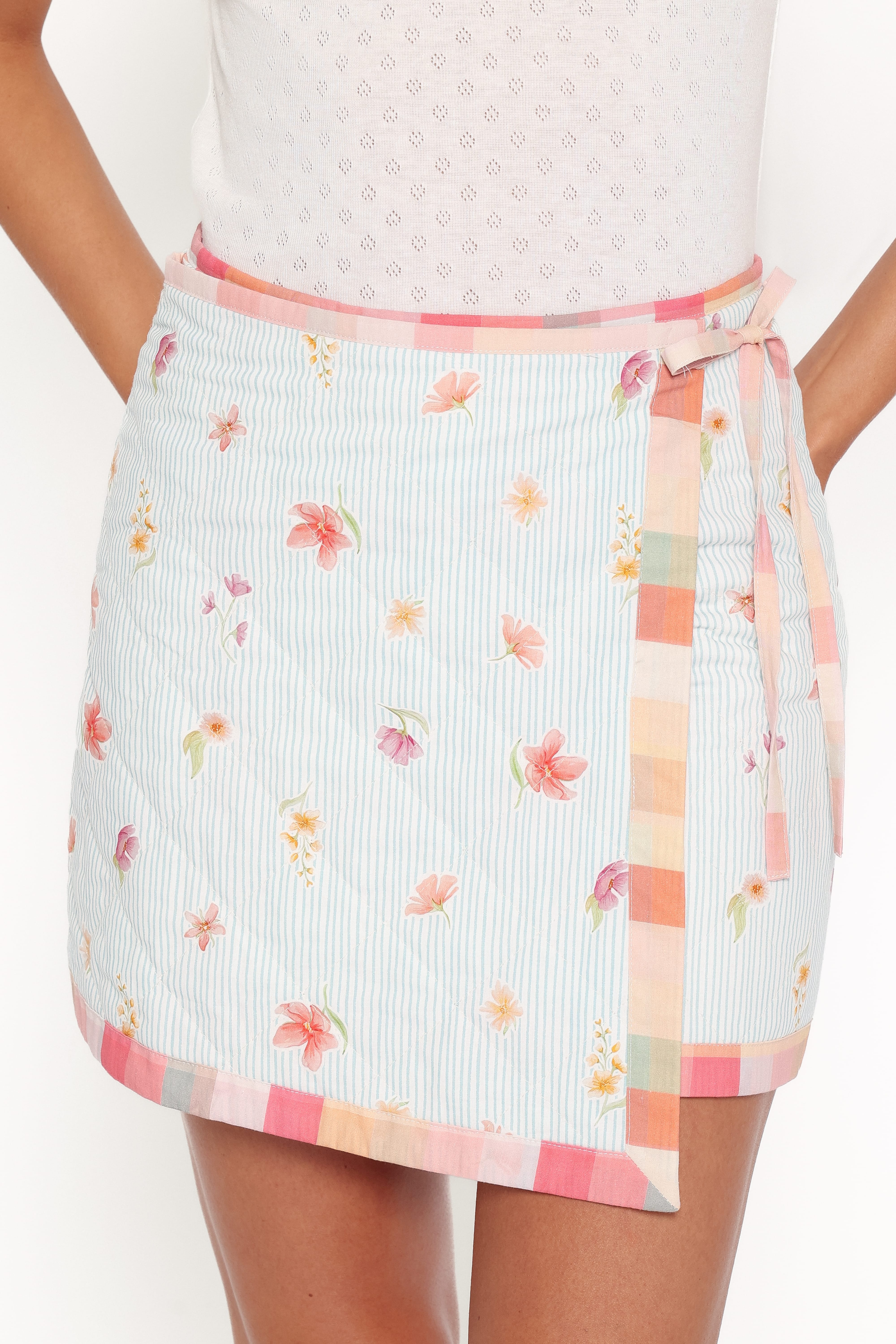 Yana Faux Wrap Quilted Mini Skirt - Blue Garden Stripe