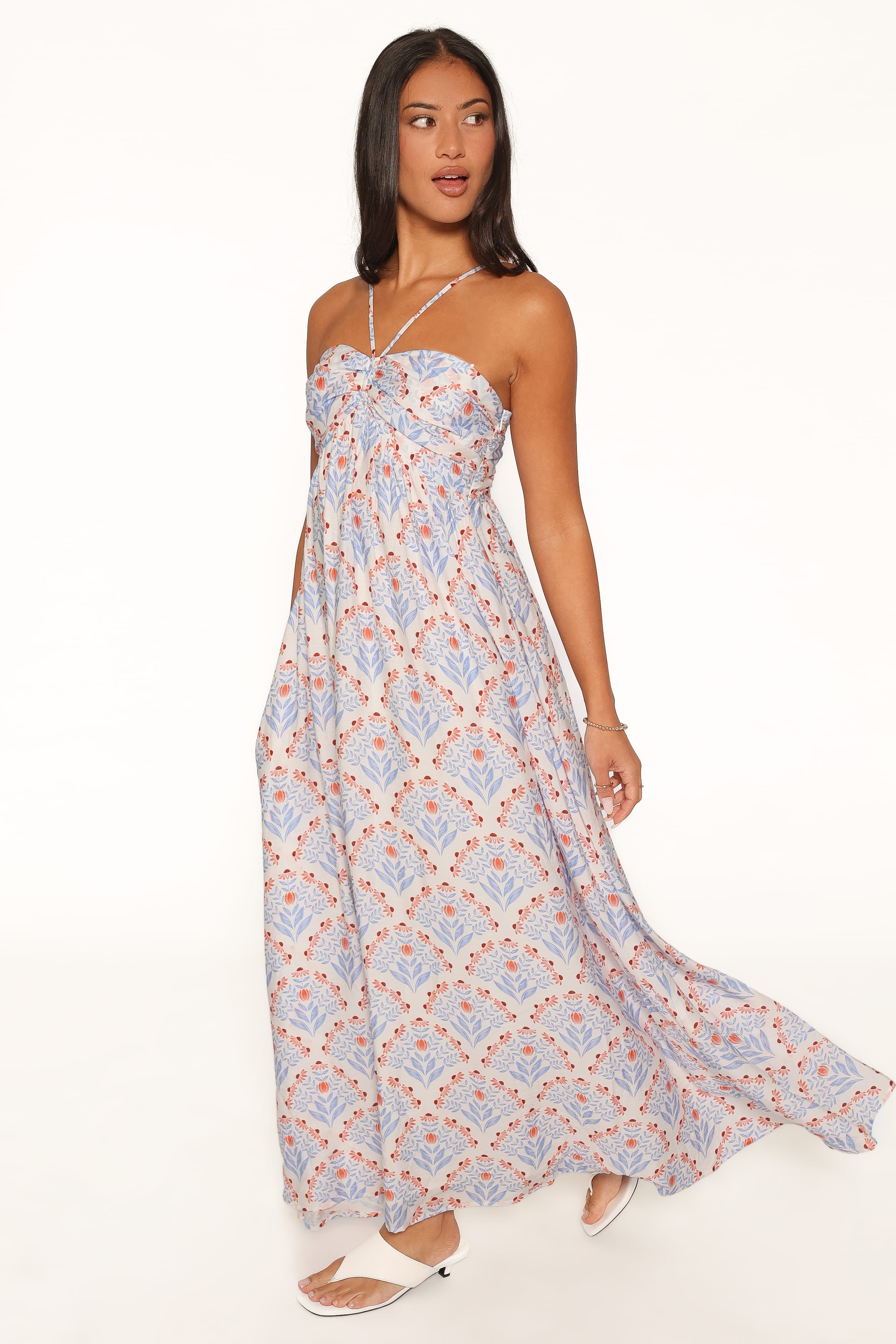 Cascade Halterneck Maxi Dress - White Blue