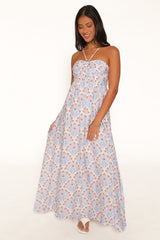 Cascade Halterneck Maxi Dress - White Blue